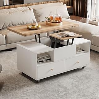 ModernLuxe Lift-Top Coffee Table,Extendable Centre Table with 4 Drawers & 2 Lift-Up Platforms,Coffee Table on Wheels for Living Room, White+Wood, 100×50×47.5cm