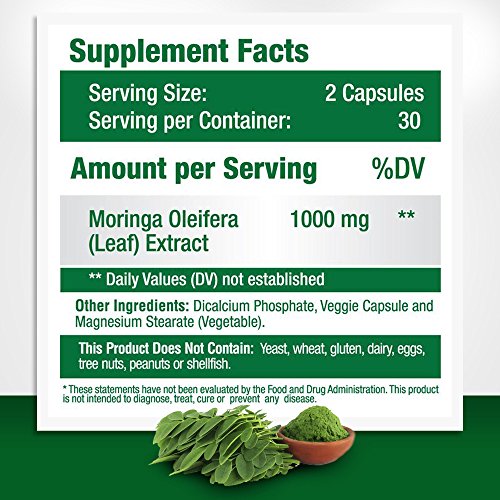 Pure Moringa Oleifera Leaf Extract Veggie Capsules-1000 mg. Natural Weight Loss Supplement, Energy and Metabolism Booster - Mood, Memory and Focus Enhancer. Premium Green Superfood. 60 Count