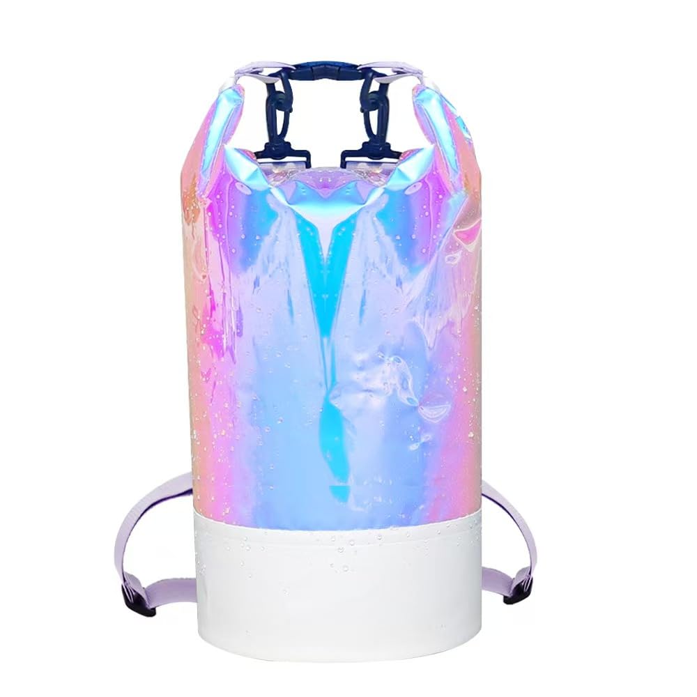 20L PVC Holographic Waterproof Dry Bag, Double Shoulder Strap Beach Swimming Backpack, Crossbody Waterproof Bucket Bag for Kayaking, Boating, and Outdoor Sports (20L)
