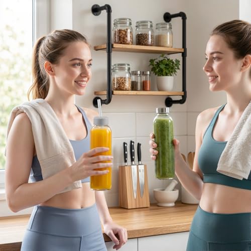 Image of Luxfuel 24 oz Glass Water Bottles with Lids, 6 Pack Reusable Juice Bottle with Stainless Steel Cap & Straw, 100% Leak Proof, BPA Free, Clear Glass Bottles for Juicing, Milk, Smoothies, Fridge Storage