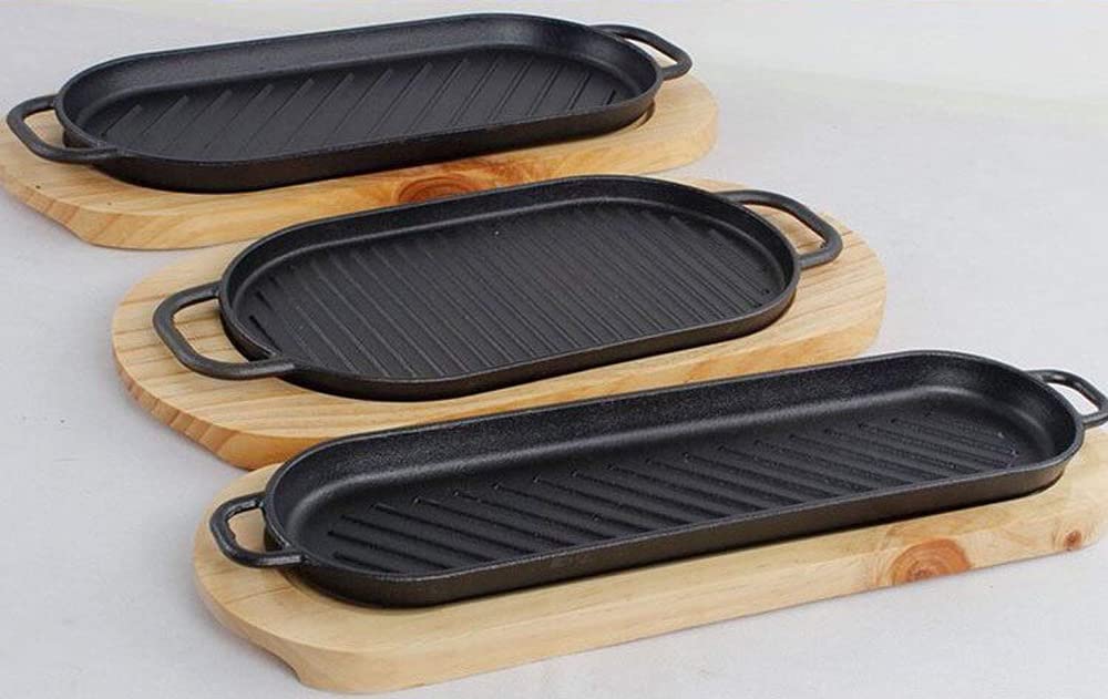 Grande vassoio da bistecca in ghisa con manico, piatto da portata da cucina in ghisa con vassoio in legno per servire e intrattenere in modo elegante a casa