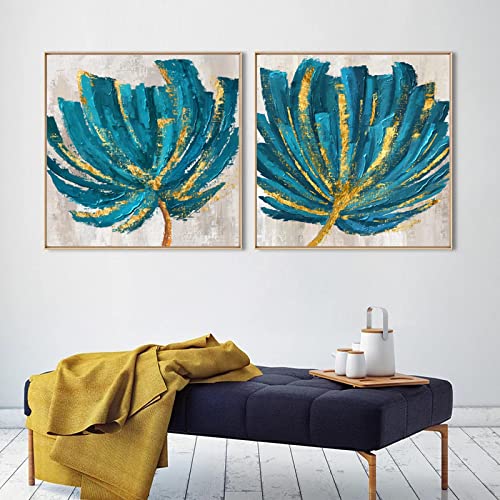 Peinture sur toile abstraite KEBIA avec fleurs dorées lot de 2 affiches vintage 70x70 cm - 2