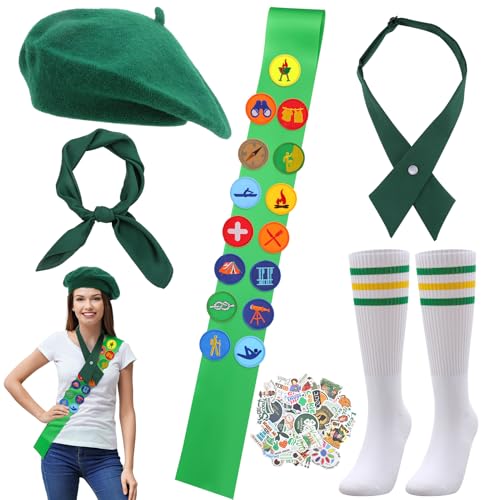 Angirlish 21Pcs Scouting Costume Set for Women Girls Halloween with Socks Green Sash Square Neck Scarf Bowtie Morale Badges Patches Stickers for Party Dress Up