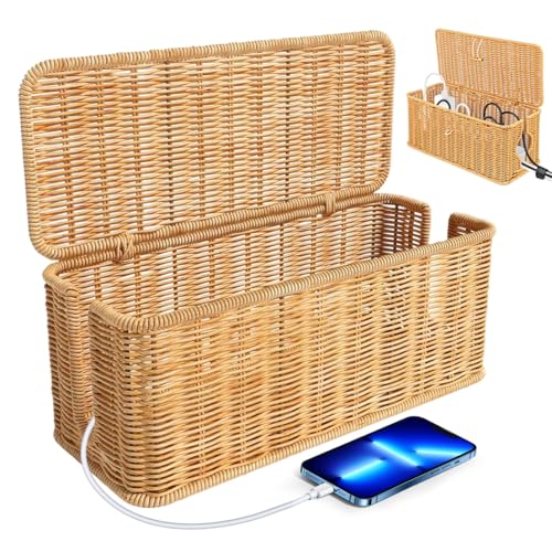 Boîte à câbles faite à la main, organisateur de bureau en rotin pour fils TV, Powerstrips, sécurité enfant et protection des animaux domestiques, bureau et maison