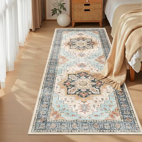 Madane Washable Runner Rug - 2x6 Rug Runners for Hallways 6 Foot Non Slip Vintage Kitchen Runner Rug Ultra-Thin Bathroom Runner Rugs Carpet Laundry Room Bedroom (2x6ft, Orange/Blue)