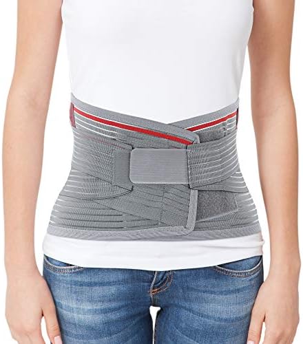 ORTONYX Lumbar Support Belt Lumbosacral Back Brace – Ergonomic Design and Breathable Material - lower back pain relief warmer stretcher - M/L (Waist 31.5"-39.4") Gray/Red