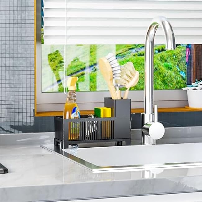 Rustproof Kitchen Sink Organizer for Countertop,Multifunctional Sink Organizer Caddy & Organization,Scrub Brush and Sponge Holder,Plastic Sink Storage Rack,Sponge Drain Rack,Dish Soap Dispenser,Black