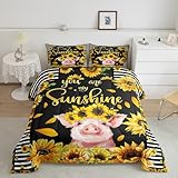 Homewish Cartoon Pig Comforter Set Twin Size,Sunflower Bedding Set 2pcs for Kids Teen Girls Boys Room Decor, Floral Animals Quilt Set Black White Stripes Duvet Insert with 1 Pillowcase