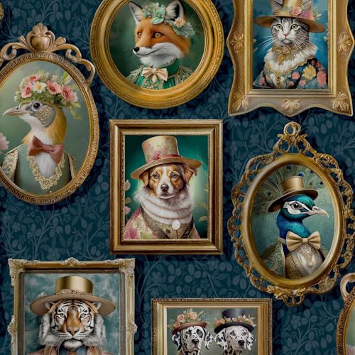 Imprimés d'animaux royaux dans des cadres photo dans des costumes de style victorien Papier peint parfait pour les murs d'accent, les chambres, bleu marine...