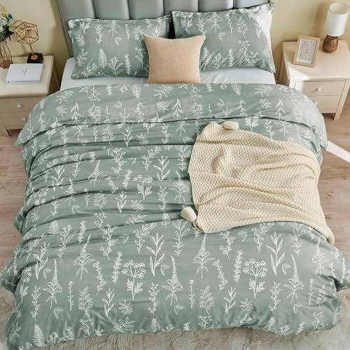 MUXHOMO Duvet Cover Full Size, Reversible Floral Green Duvet Cover Set with Zipper Closure, 3 Pieces Botanical Patterns Soft Microfiber Bedding Set with 4 Ties (80"x90", 2 Pillow Cases)
