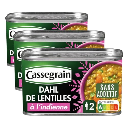 CASSEGRAIN - Dahl de Lentilles à l'Indienne - Légumes Fondants & Lait de Coco - Sans Additif - Nutri-Score A - Emballage 100% Recyclable - Boîte de Conserve de 435 g (Lot de 3)