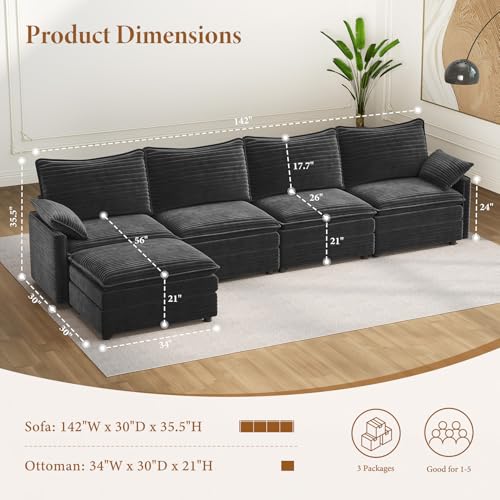 Image of Vesgantti 142 inch Cloud Couch Sectional Modular Sofa, Comfy Sectional Couch with Ottoman Deep Seat Corduroy L Shaped Sofa, Modular Couches for Living Room, Bedroom and Apartment, Gray