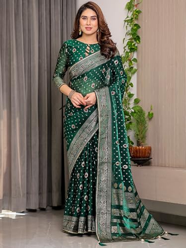 Image of ALMAARI FASHION Green Fendi Satin Foil Print Floral Saree with Tassels, Traditional Butti Motifs, 5.5m with 0.8m Blouse Piece