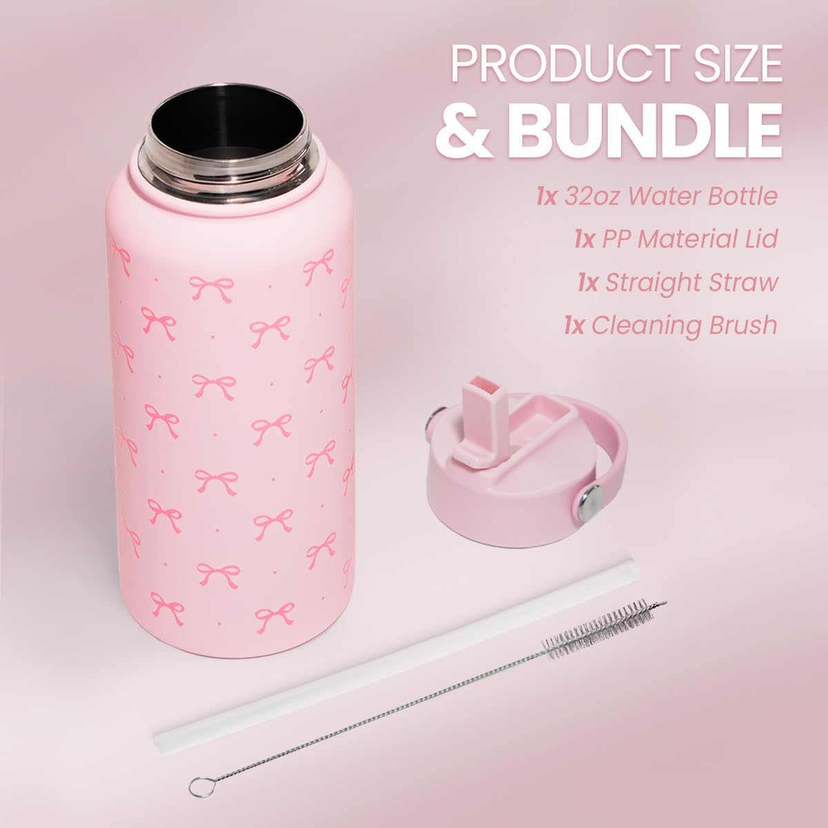 Pink Bow Water Bottle Stainless Steel Insulated Vacuum 32oz with Lid, Gifts for Women Girls Teens Birthday Christmas - Image 3