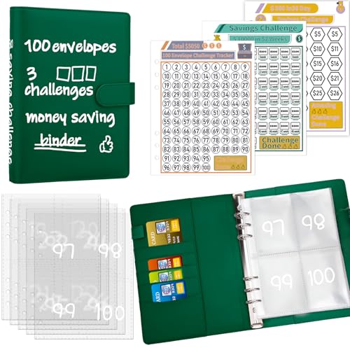 Image of Antner 100 Envelopes Money Saving Challenge Binder, Savings Challenges Book with Envelopes & 3 Challenge Trackers to Save $5,050 and $500 and $10,000, A5 Budget Binder Money Saving Book, Dark Green