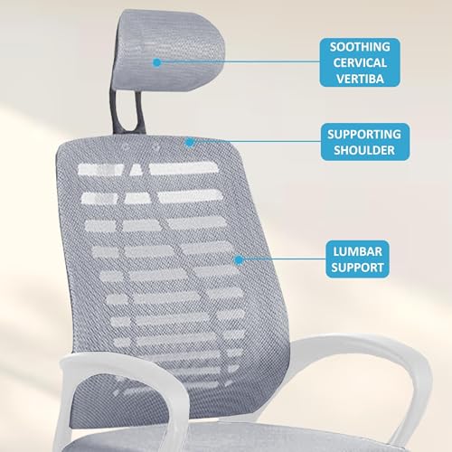 Image of Casa Copenhagen,Mesh Office Desk Chair,Rocking Ergonomic Computer Chair Adjustable High with Headrest and Comfortable Armrest Swivel- Jet Grey & White Handle