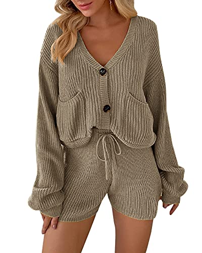 Image of Womens 2 Piece Sweater Sets Long Sleeve V Neck Chunky Knit Cardigan Sweatsuit and Drawstring Shorts Khaki