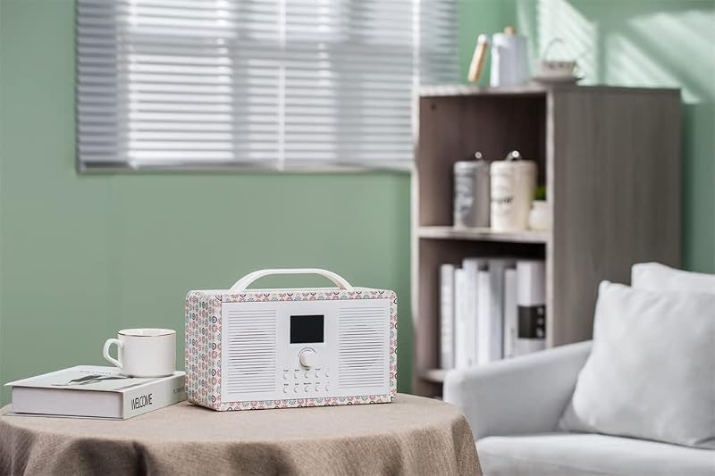 ALANO Hordozható FM/DAB+ Rádió Bluetooth Kapcsolattal, 2.4" TFT Színes Kijelzővel, Dupla Ébresztővel, Retro Virágmintás Fa Dizájn