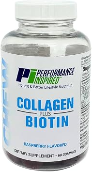 PERFORMANCE INSPIRED Nutrition Collagen + Biotin Gummies Hydrolyzed Marine Collagen Supports Hair, Skin & Nails Raspberry Flavor 60 Count