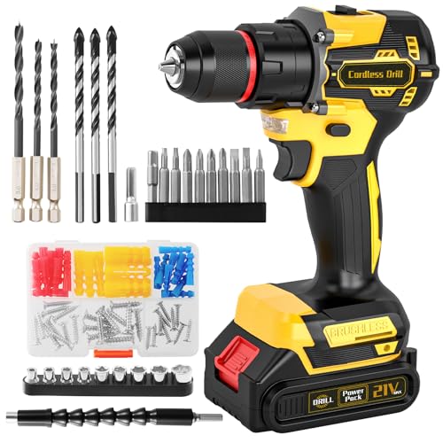 Drill, Cordless Brushless Hammer Drill and Screwdriver Set, 87PCS Accessories 2.0Ah 10mm 60N.m, 2 Speed 25+3 Electric Screwdriver, Power Impact Combi Battery Hand Drills Tool for Home Repair Men Gift