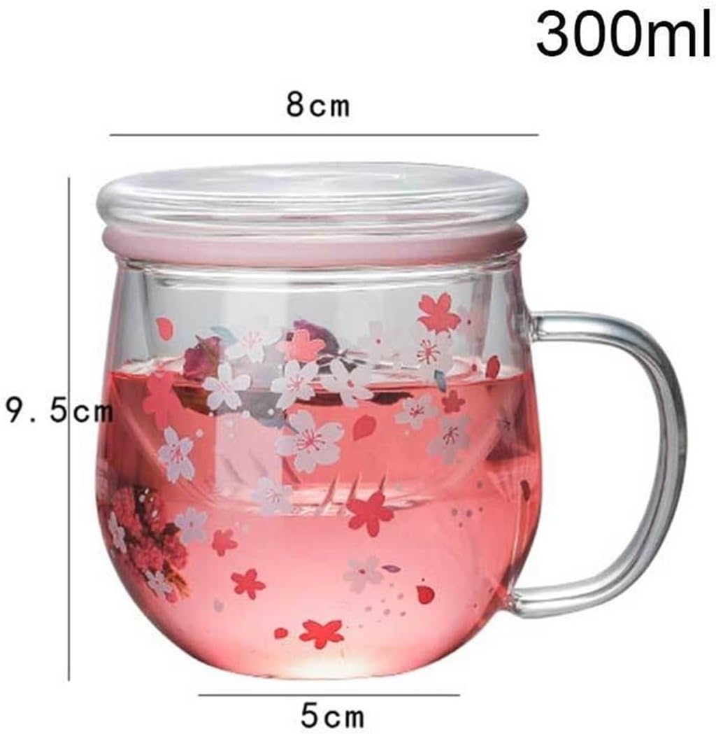 Coffee Cup 300ml Mug Glass Mug with Tea Infuser Filter and Lid Cup Set Blossoms Flower Tea Cup Transparent Heat Resistant Glasses Tea Cup