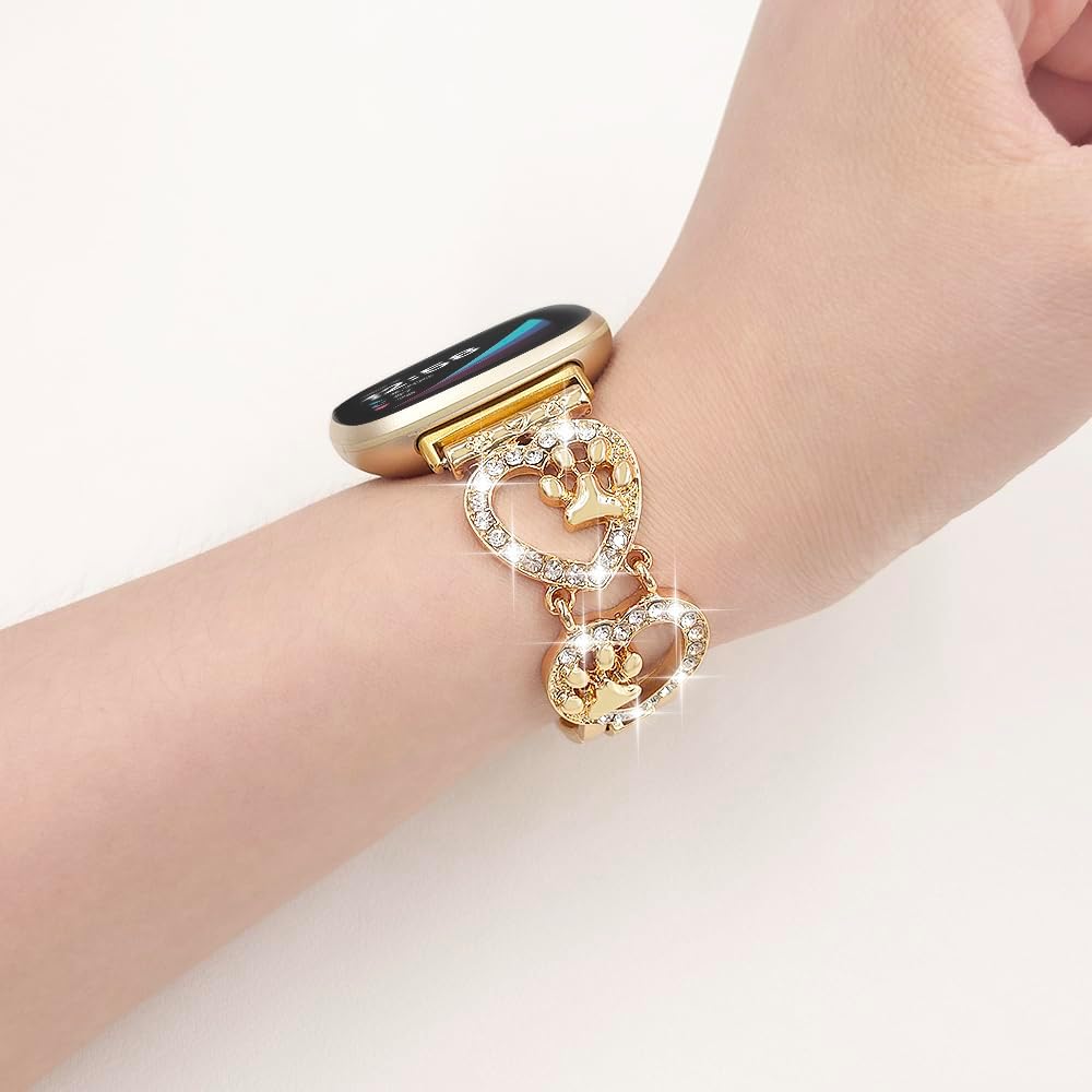 Bling Metal Band Compatible with Fitbit Versa 3/Versa 4/Sense/Sense 2 Smart Watch Band Women,Love Heart Shape Bracelet Dog Paw Wristband Cute Strap - Image 5