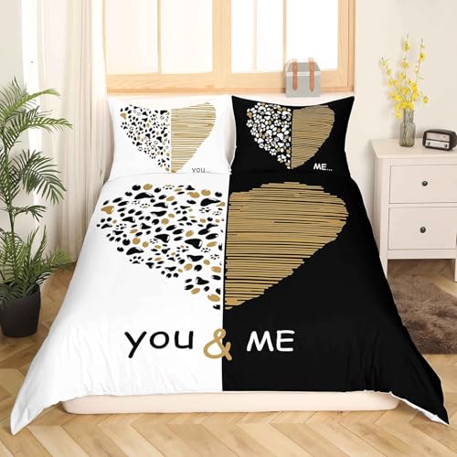 Homemissing Double You and Me Gold Black Heart Shaped Quilt Cover Couple Romantic Valentine's Day Family Bedding Linen White - Image 2