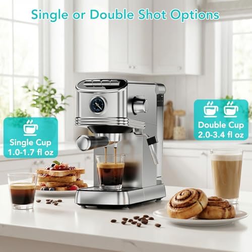 Espresso Machine 20 Bar, Stainless Steel Espresso Maker with Stainless steel Steam Milk Frother, Compact Coffee Machine with 45oz Removable Water Tank, for Cappuccino,Latte&Cold Brew Home&Office