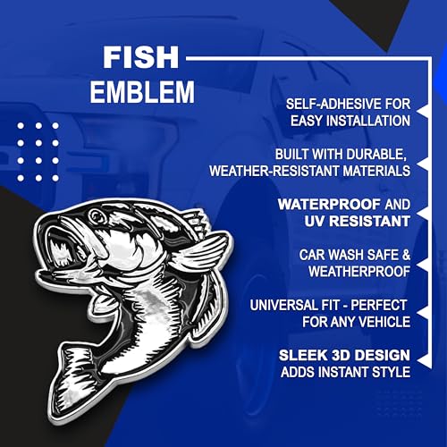 Image of Bass Emblem 3D Fish Badge - Custom Car Sticker for Car, Truck, SUV, Trunk, Hood, Fender - Set of 2 (Chrome)
