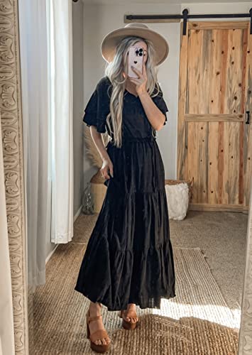 Prettygarden Womens Summer Boho Maxi Dress Short Sleeve V Neck Ruffle Trim High Waisted Tiered Party Flowy Long Dresses 2023 (Black, X-Large) #TOP2