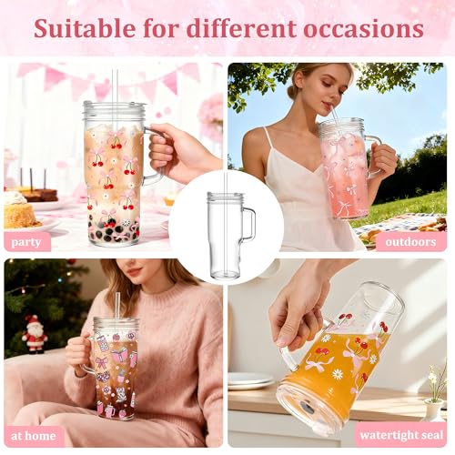 Image of Birity 24oz Glass Tumbler with Handle, 2 Pack Pink Bow Cups with Lids, Straws & Decor Stickers, Reusable Iced Coffee Cup for Boba Tea, Smoothies, Juice, Christmas Holiday Gift for Women
