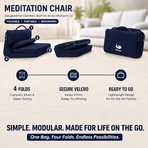 Image of Meditation Chair | Foldable Floor Seat with Cushion and Back Support | for Yoga, Pranayama, Prayer & Cross-Legged Sitting | Portable Metal Frame with Carry Bag | 2 Year Warranty (Dark Blue)