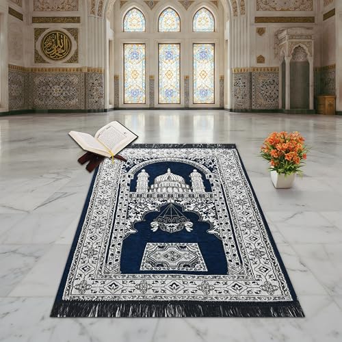 Image of Velvet Floral Janamaz Mat | Prayer Mat /Meditation Janamaz for Namaz /Meditation Mat /Muslim| Size 27x50| Washable Soft Prayer Mat (BLUE2)