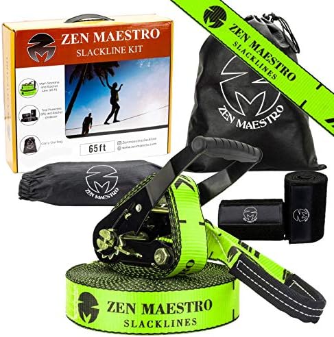 Slackline kit 65ft Slack Line Complete with Tree & Ratchet Protectors Carry Bag, Zen Maestro Instruction Booklet Outdoor Backyard Slack Line Fun for Kids and Adults