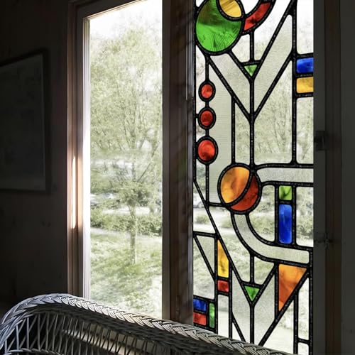 ChicSkin Original Hand Drawn Faux Stained Glass Window Film Double-Sided Texture Static Film, Vibrant Geometry Patterns Inspired by March Balloons, See Through 22.83"X114.17"