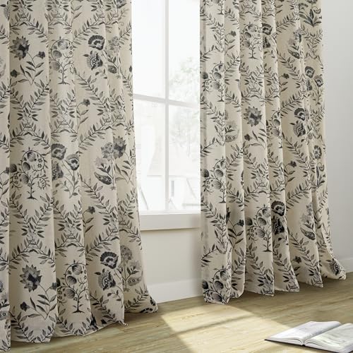 Image of Floral Linen Sheer Curtains 84 Inch Length for Living Room Charcoal Green