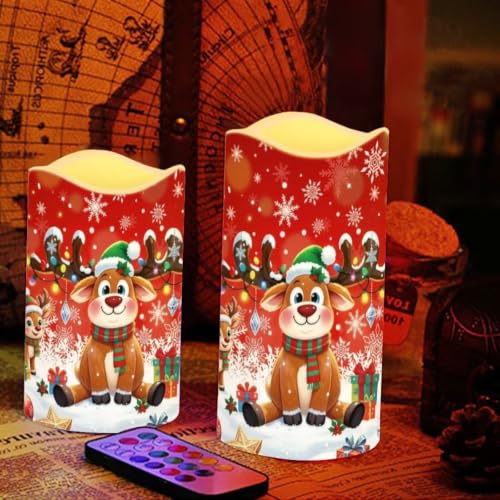 Image of Christmas Flameless Battery Operated Lamp with Remote Control | Reindeer LED Flickering, Battery Operated, Color Changing Electric Pillar Candles for Living Room, Xmas Decoration, 4 Pack