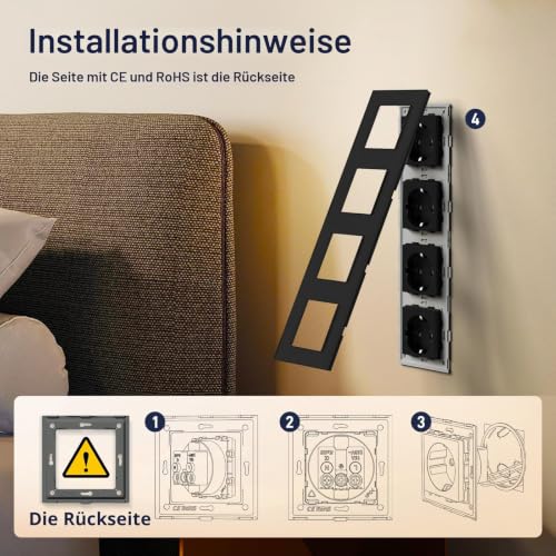 BSEED Schuko Steckdose 4 Fach Kristall Glas Platte Steckdose 16Amp Unterputzsteckdose 299mm Schwarz Verlängerungssteckdosen Wandsteckdose – Ansicht 3
