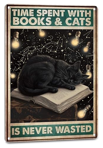 NEGLAI Vintage Black Cat Decor Book Signs for Home - Study Book Nook Wall Art - Time Spent With Cats Is Never Wasted, Positive Reading Posters 8x12 Inches