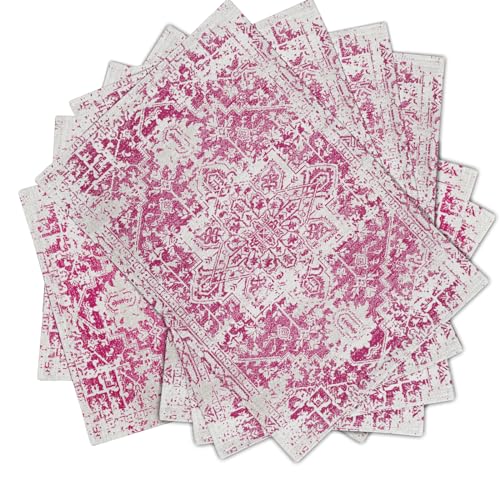 Image of Gray Hot Pink Boho Placemats Set of 6 Ethnic Bohemian Carpet Place Mats Washable Kitchen Dining Vintage Grey Geography Floral Linen Table Mats Stain Heat-Resistant for Home Party Indoor 12x18 in