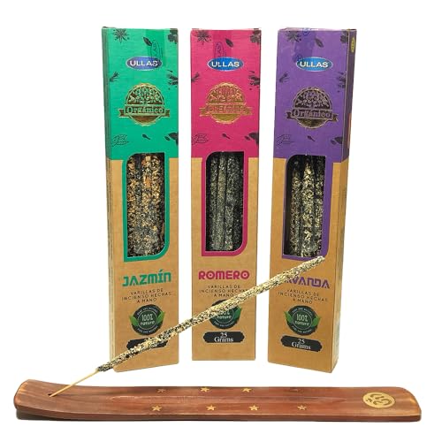 Aromasenses | 3 scatoline di incenso ULLAS | 100% naturale | Fatto a mano | 25 grammi ciascuna + 1 Bruciatore di incenso Aromasenses (Lavanda - Rosmarino - Gelsomino)
