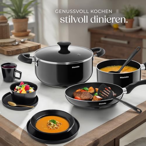 tectake® Küchenstarterset 6 Personen, Steingut Geschirr Set, Teller, 4 Töpfe 2 Pfannen rostfreies Aluminium, Kochtopf Set, Töpfe Set, kratzfest, leichte Reinigung, 5 Küchenwerkzeuge - schwarz, 45-tlg