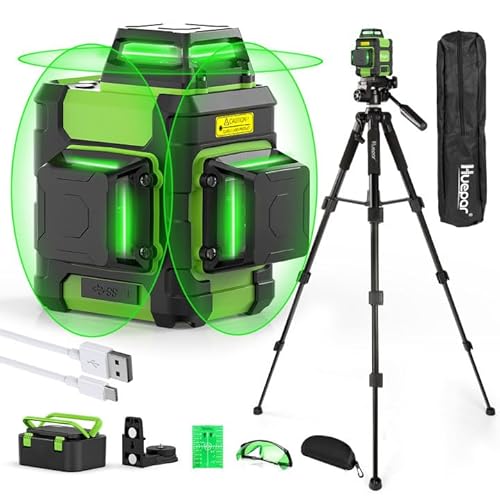 Huepar 360° Laser Level with Tripod, Self Leveling Rechargeable Lazer Level for Construction and Picture Hanging, with Pluse Mode for Outdoor, Hard Carry Case, 50" Tripod, Glasses, Target Plate