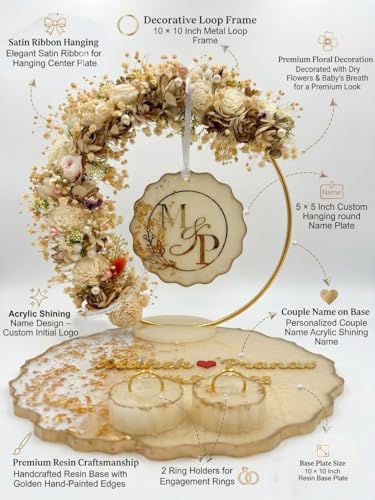Image of THE BRIDE MADE Personalized Engagement Ring Platter with Name | Resin Ring Holder for Engagement | Custom Wedding Ring Plate with Dry Flowers & Gold Loop | Bride Groom Name Plate 10x10x10 inch