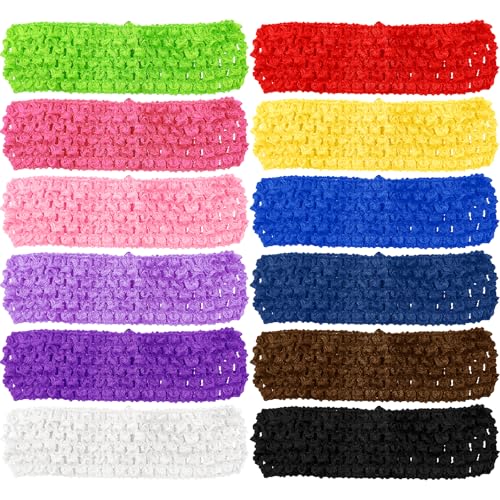 12 cerchietti per capelli all'uncinetto, 14 x 4,3 cm, colorati, stile retrò, elasticizzati, accessori per capelli, fatti a mano, per donne e ragazze