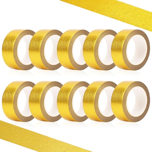 BetterJonny Lot de 10 Rouleaux de Ruban Adhésif Washi en Feuille Dorée, Ruban de Masquage Adhésif Décoratif en Feuille de Papier Washi - 15 mm x 5 m - Doré pour...