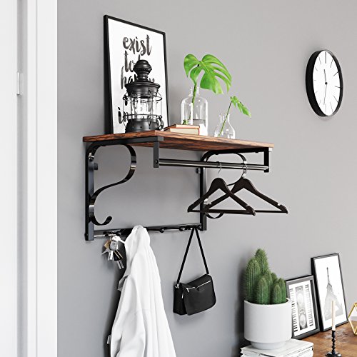 VASAGLE wandrek met 5 haken en plank, industrieel ontwerp, haakrail met ophangbeugel, voor hal, slaapkamer, badkamer en… - Image 5