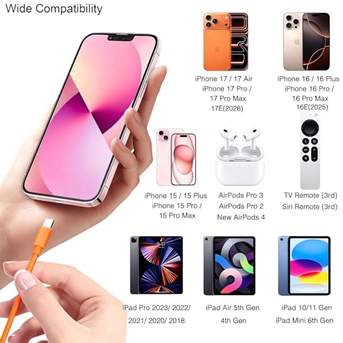 Orange IPhone 17/16/15 Carplay Ladekabel kabel, USB A auf USB C Kabel für iPhone 17 16 15 Pro Max, Plus,16E,17e, 17Air, AirPods Pro 3rd/2nd Gen/AirPods 4/Max 2/IPad Type-C Auto Ladekabel Datenkabel 1m