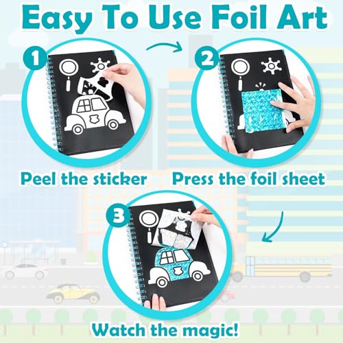 Image of FUNNYB&G Foil Art Craft Kit for Boys 4-10 Years Old: Mess-Free & No-Glue, Create 16 Sparkly Vehicle Pictures - Perfect Travel Toy & Birthday Gift for Kids (Vehicle)