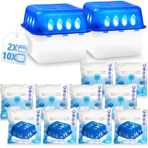 XXL Set 2x Luftentfeuchter Box mit 10 Nachfüllpacken Raumentfeuchter Feuchtigkeits-Stopper mit Granulat - Beutel (2x Box + 10x Nachfüllpack 400g)